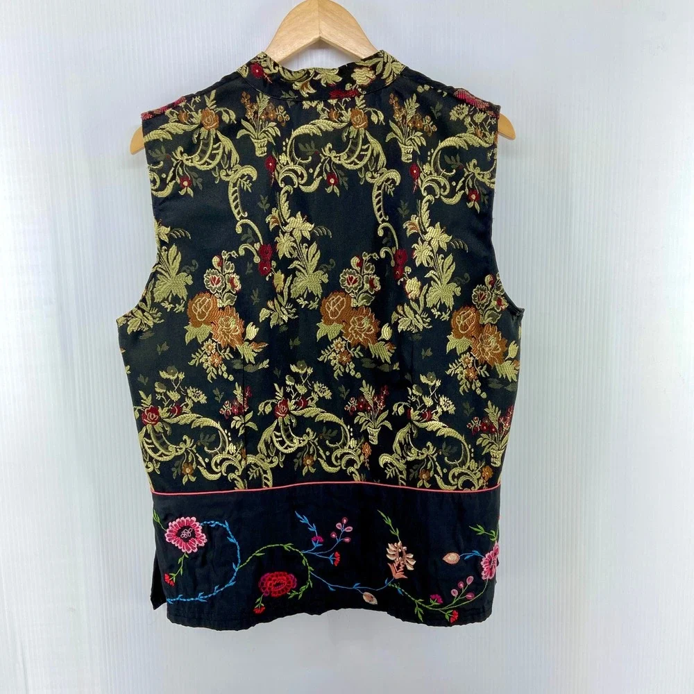 April Cornell Black‎ Multi Color Embroidered Flower Tapestry Vest Womens Large